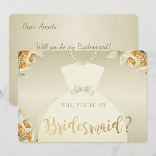 Élégantes roses dorées, robe de mariée, carte de d (Devant / Derrière)