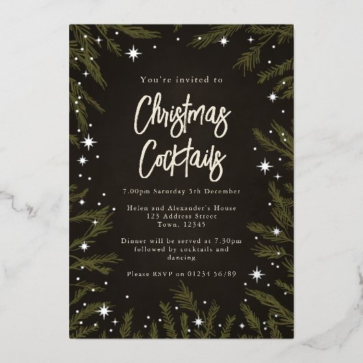 Élégantes stars Cocktails de Noël Foil Invitation (Recto)