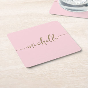 Elegantie Blush Roze Gouden Monogram Script Handte Vierkante Kartonnen Onderzetter