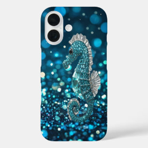 Elegantie in beweging: Aqua Seahorse op Aqua Bokeh iPhone 16 Hoesje