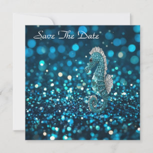 Elegantie in beweging: Aqua Seahorse op Aqua Bokeh Save The Date