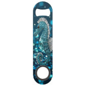 Elegantie in beweging: Aqua Seahorse op Aqua Bokeh Speed Flessenopener (Achterkant)
