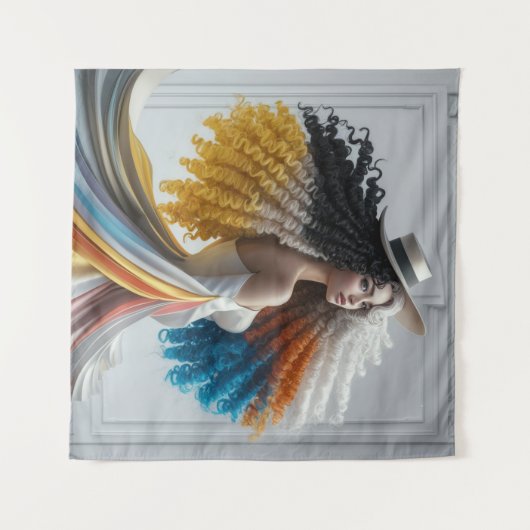 Elegantie in contrast Curly-Haired Woman Tapestry Wandkleed (Voorkant (horizontaal))