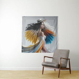 Elegantie in contrast Curly-Haired Woman Tapestry Wandkleed