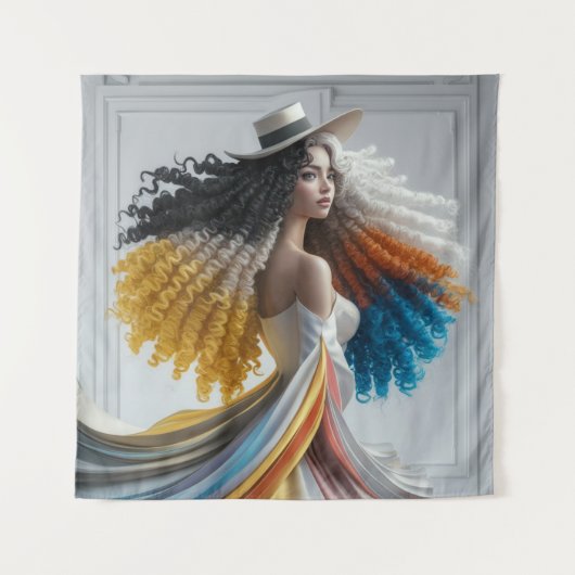 Elegantie in contrast Curly-Haired Woman Tapestry Wandkleed (Voorkant)