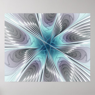 Elegantie Modern Blauw Grijs Witte Fractale Kunst  Poster