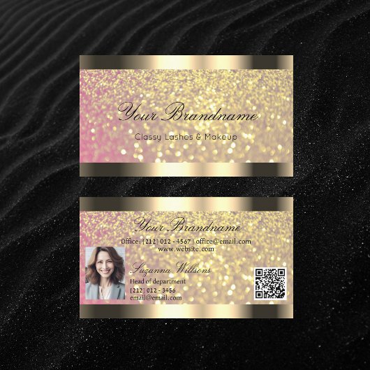 Elegantie Roze Glitter Gouden Rand Foto QR Code Visitekaartje