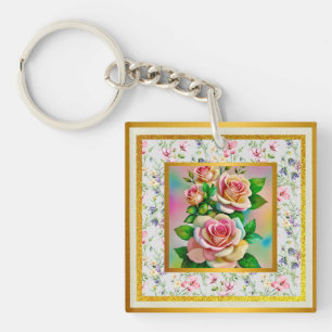 Elegantie Rozen Roze en Gele Waterverf Pastel Sleutelhanger