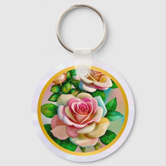 Elegantie Rozen Roze en Gele Waterverf Pastel Sleutelhanger (Voorkant)