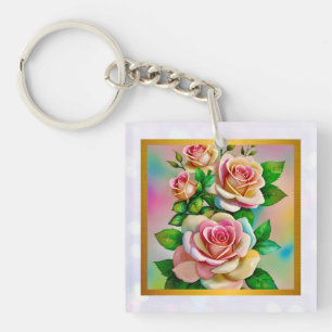Elegantie Rozen Roze en Gele Waterverf Pastel Sleutelhanger