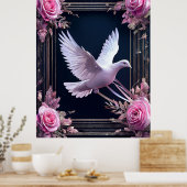 Elegantie van witte duif met roze rozen poster (Keuken)