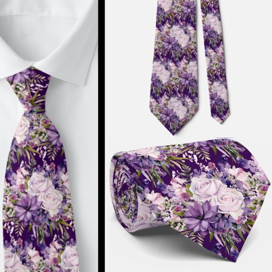 Élégants Cravates floraux violets et blancs