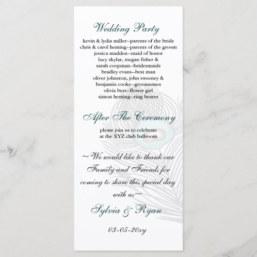 Élégants programmes de paon blanc et turquoise (Dos)