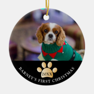 Elegany Black en Gold Dog's eerste kerstfoto Keramisch Ornament