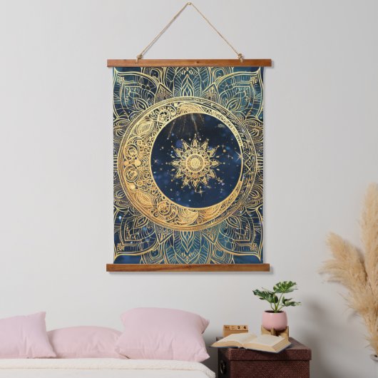 Elegeant Waterverf Blauw Goud Mandala Sun Nebula Hangend Wandkleed (Slaapkamer)