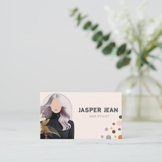 Elegent Chic Paarse Lange Haar Meisje Haarstylist Visitekaartje (Staand voorkant)