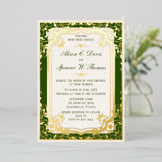 Elegrant Groene Bruiloft Folie Uitnodiging (Staand Voorkant)