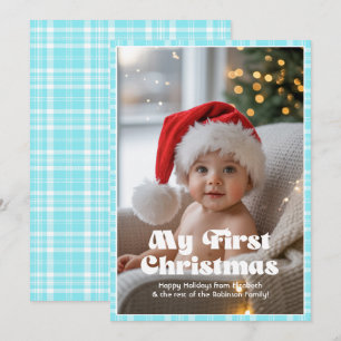 Elektrisch Blauw Gingham Mijn Eerste Kerstmis Baby Feestdagenkaart