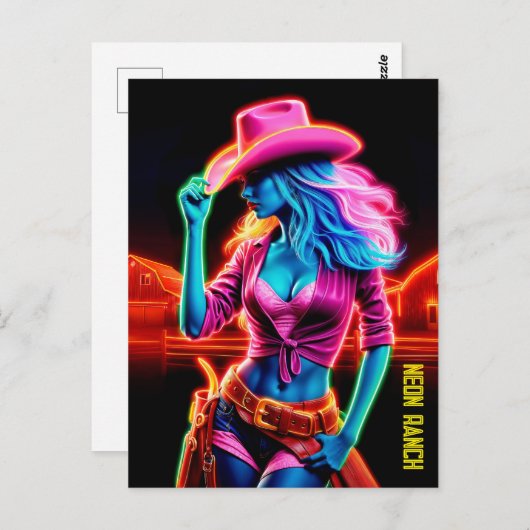 Elektrisch neon boerderij meisje in roze pet onder briefkaart (Voorkant / Achterkant)