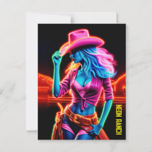 Elektrisch neon boerderij meisje in roze pet onder briefkaart