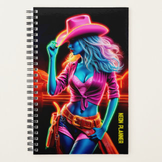 Elektrisch neon boerderij meisje in roze pet onder planner