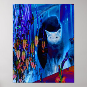Elektrische Blauwe Siamese Kat Abstracte Dierenkun Poster