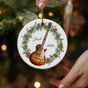 Elektrische Gitaar Kerst Krans Pine Kegels Muziek Keramisch Ornament