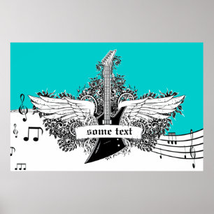 Elektrische gitaar vleugels zwart wit turquoise pr poster