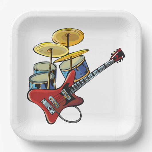 Elektrische gitaren en trommels papieren bordje (Voorkant)
