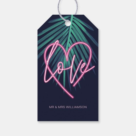 Elektrische Liefde Neon Roze Hart & Tropisch Palmb Cadeaulabel (Achterkant)