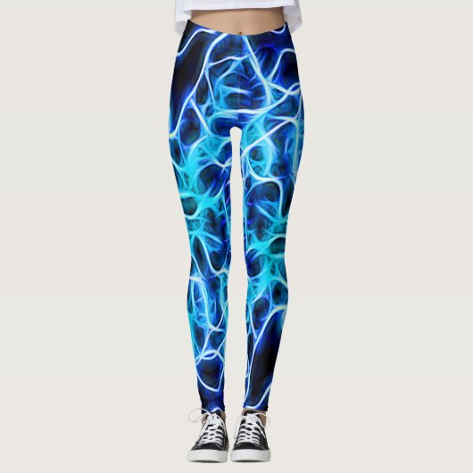 Elektrische neon Blue Tesla Coil Lightning Leggings (Voorkant)