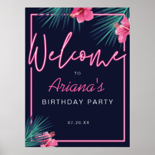 Elektrische Neon Pink Tropical Welkom Birthday Poster