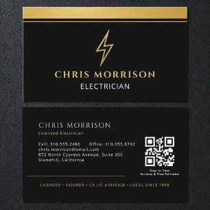 Elektromonteur Zwart & Goud Metallic QR-code Visitekaartje