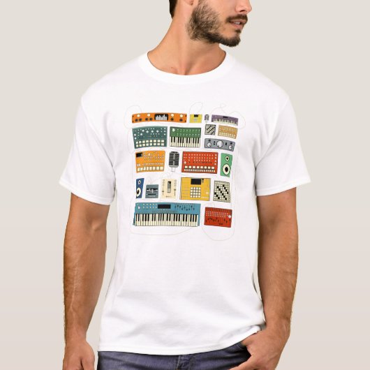 Elektronische muzikant met Synthesizer en Trommelm T-shirt (Voorkant)