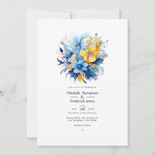 Elementair blauw en gouden bloemhuwelijk kaart (Voorkant)