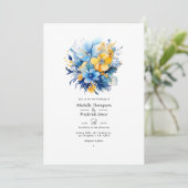 Elementair blauw en gouden bloemhuwelijk kaart (Staand voorkant)