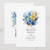 Elementair blauw en gouden bloemhuwelijk kaart (Voorkant / Achterkant)