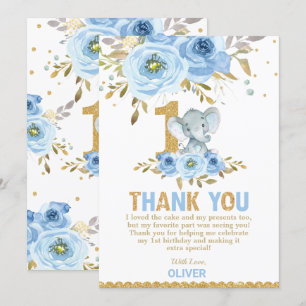 Elephant 1e verjaardag Blue Floral Hartelijk dank Kaart
