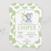 Elephant 1e verjaardag Uitnodiging Groene Polka Do (Voorkant / Achterkant)