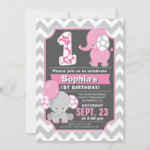 Eléphant 1er anniversaire Invitation fille (Devant)