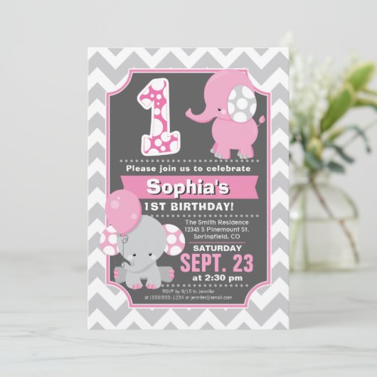Eléphant 1er anniversaire Invitation fille (Debout devant)