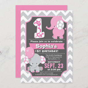 Eléphant 1er anniversaire Invitation fille