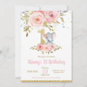 Eléphant 1er anniversaire Invitation Fille rose fl (Devant)