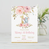 Eléphant 1er anniversaire Invitation Fille rose fl (Debout devant)
