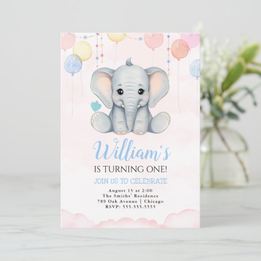 Elephant 1er anniversaire Invitation garçon (Debout devant)