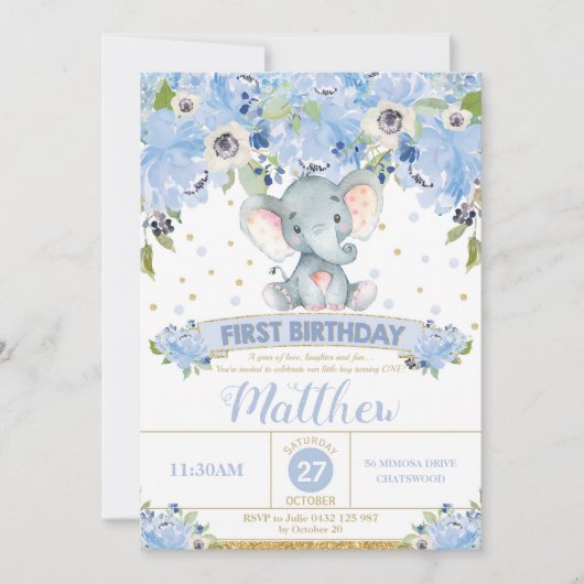 Elephant 1er anniversaire Invitation garçon Blue F (Devant)