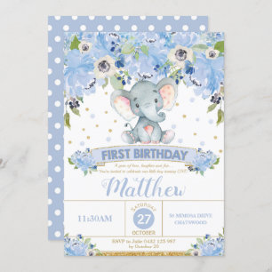 Elephant 1st Birthday Invitation Boy Blue Floral Kaart