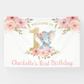 Elephant 1st Birthday One Pink Floral Backdrop Spandoek (Horizontaal)