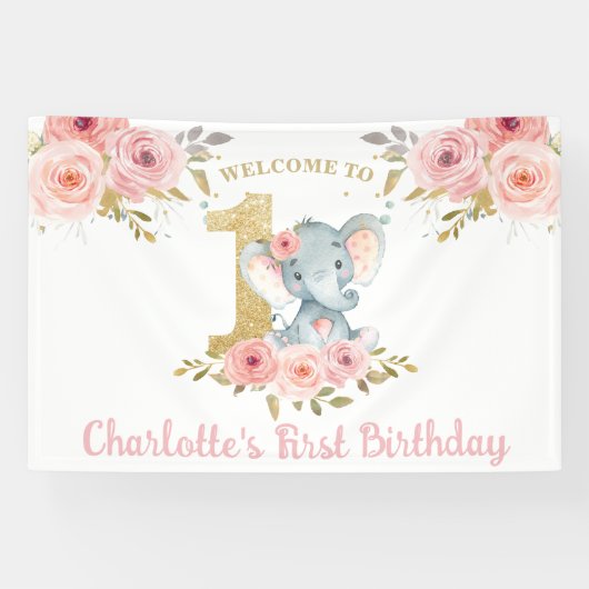 Elephant 1st Birthday One Pink Floral Backdrop Spandoek (Horizontaal)