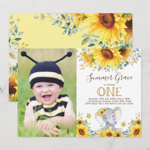 Elephant 1st Birthday Sunflower Gold Greenery Kaart